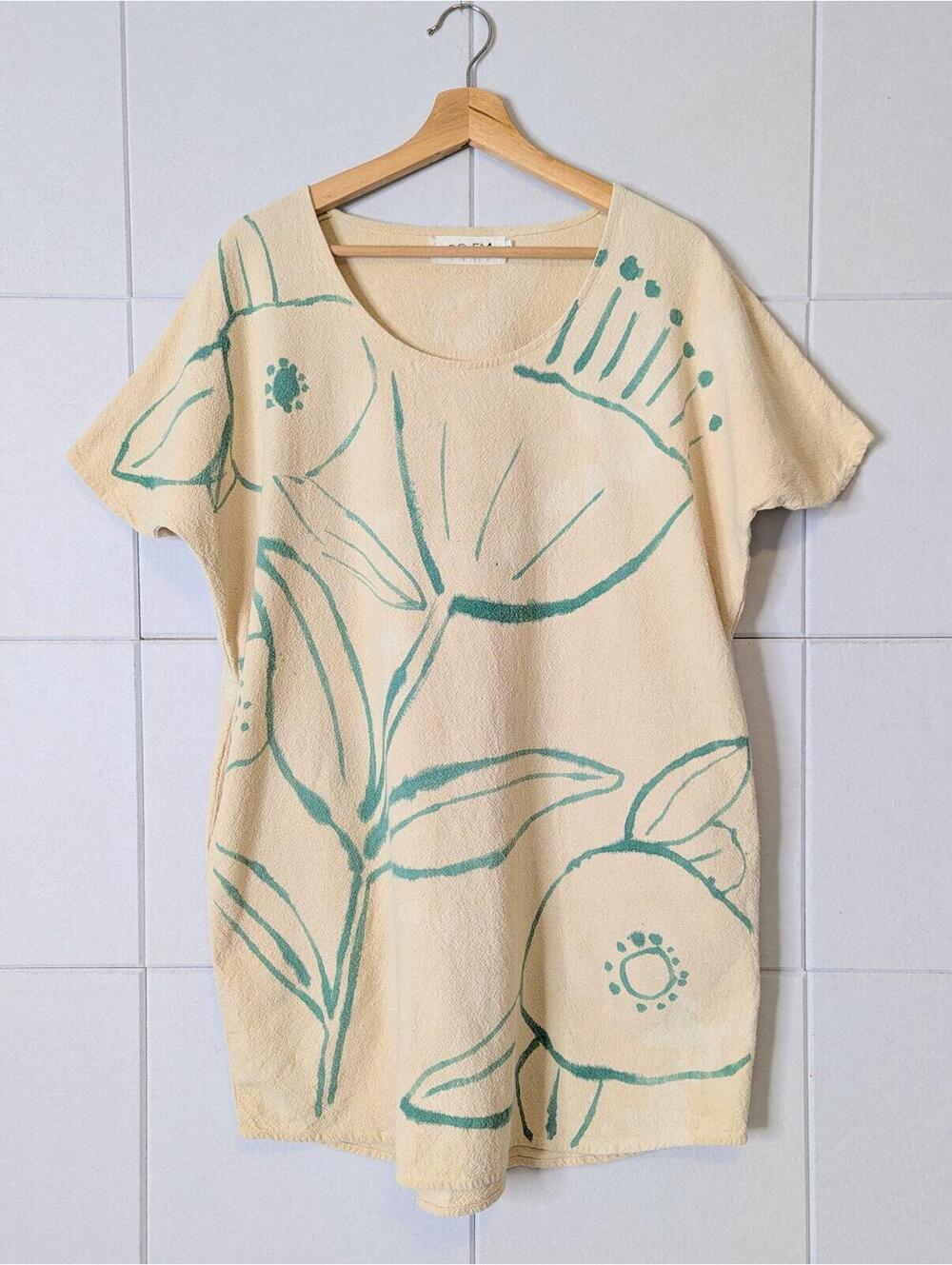 PO-EM handwoven block printed cotton t-shirt cocoon dress
